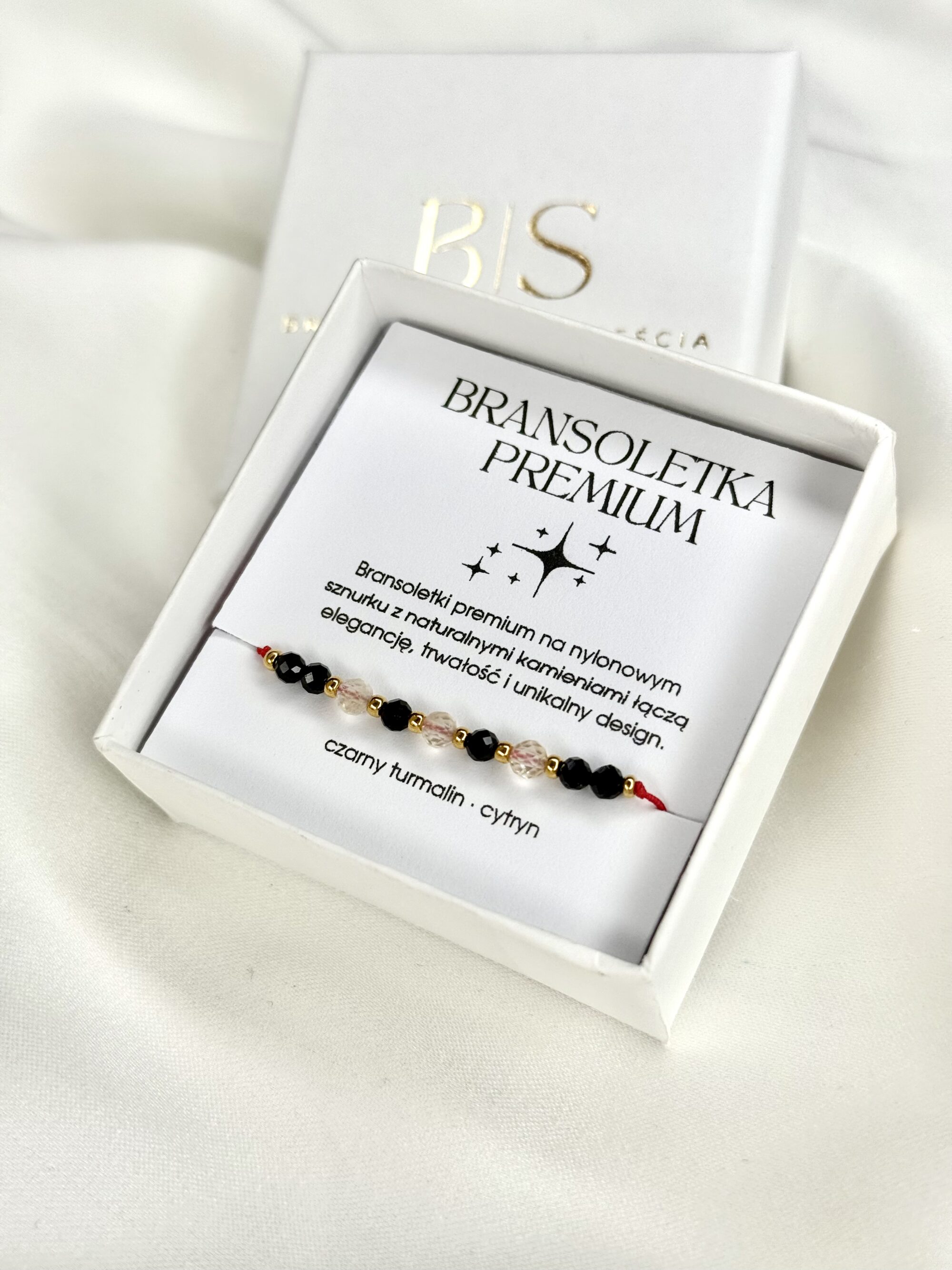 Bransoletka Czarny Turmalin i Cytryn na białym tle w pudełku
